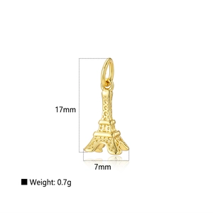 Macro detail of 18k gold plated Eiffel Tower pendant showing 17mm height dimensions