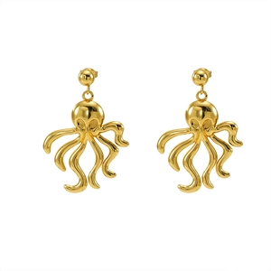 Gold octopus stud earrings with retro beach style and detailed metal texture on white background