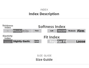 Attributes index showing moderate thickness, soft feel, no stretch, and slim fit design