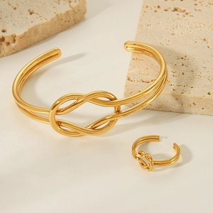 18K Gold Plated Stainless Steel Double Layer Knot Open Ring And Knot Bangle Bracelet Minimalist Fashion Jewelry Gift For Women