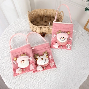 Pink Christmas Gift Bags Plush Felt Santa Snowman Reindeer Drawstring Handbag Holiday Party Candy Treats For Kids