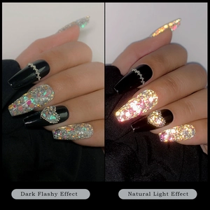 Reflective nail glitter powder showing dark flashy effect and natural light effect comparison