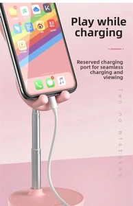 Pink desk phone stand with adjustable height and reserved charging slot for easy use
