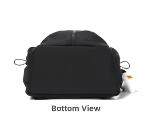 Bottom view of black water-resistant oxford fabric backpack with side pocket detail