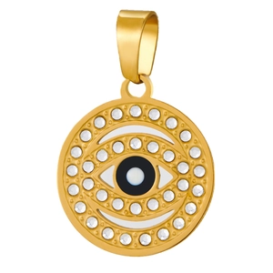 Close-up of golden evil eye pendant with clear crystals and polished metal finish
