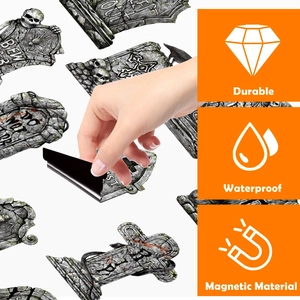 Detail showing durable and waterproof Halloween tombstone magnetic stickers for festive decor