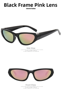 Detail view of Y2K sporty black thick frame sunglasses with pink reflective gradient lenses