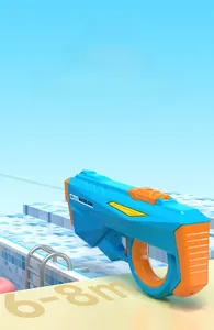 Blue and orange electric water gun showing a powerful 6-8 meter long-range shooting feature