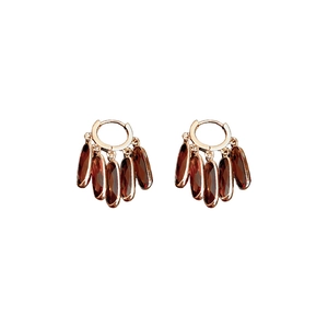 Vintage rose gold hoop earrings with five dark brown glass pendants on white background