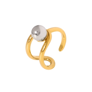 Modern gold double-layer curved open ring with a minimalist silver metal bead accent