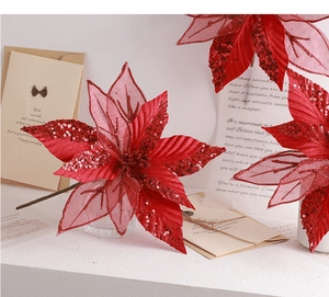 Sparkling red artificial poinsettia flower with sequins on mesh petals for Christmas decor