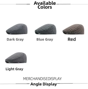 Detailed grid of houndstooth wool newsboy caps in dark grey, bluish grey, red and light grey