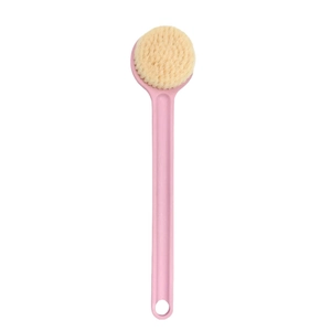Pink long handle body brush with dense beige soft bristles for exfoliating back cleaning