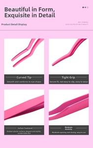 Detail of rose red eyelash tweezers with anti-slip rubber coating and curved tip design