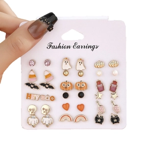 12 pairs of Halloween alloy enamel earrings set featuring ghost pumpkin and bat motifs