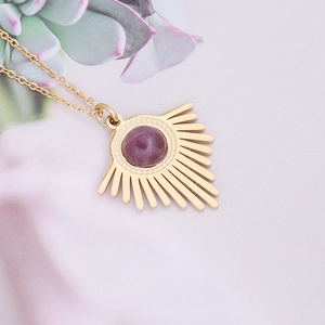 Golden sunburst fan necklace with purple stone pendant on high-quality O-chain