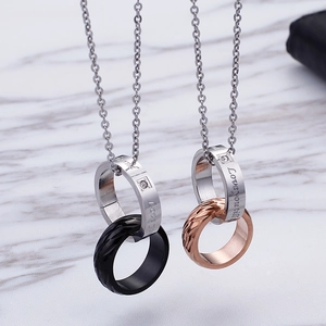 Interlocking double rings titanium steel couple necklaces with engraved love message