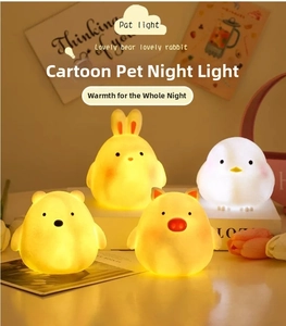 Close-up of four cute cartoon animal night lights with warm glowing silicone texture