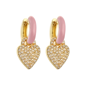 Pink enamel heart-shaped earrings with micro-pave crystals in a gold-plated finish