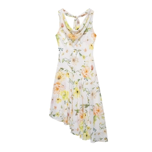 Summer sleeveless floral dress with asymmetric hem and white draped neckline