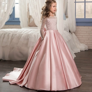 Robe Princesse Fille Manches Longues Satin Maille Treillis Avec Strass Grand Nœud Traîne Robe Soirée Pour Anniversaire Mariage Fête