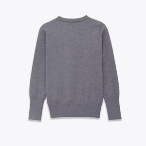 Back view of grey crewneck knit sweater with ribbed cuffs on white background