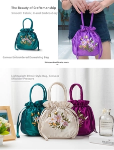Detail of handmade floral embroidery on satin drawstring bags with silk texture and handle