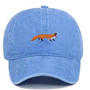 Unisex sky blue washed cotton baseball cap featuring detailed walking fox embroidery