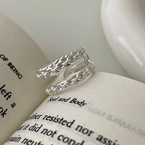 925 Sterling Silver Ring Double Layer Chain Design Open Adjustable Minimalist Fashion Jewelry For Women