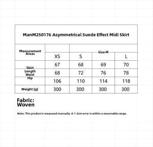 Größentabelle für asymmetrischen Midirock in Wildlederoptik mit Maßangaben