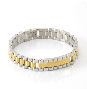Detail of two-tone stainless steel link bracelet with gold-plated accents and clasp