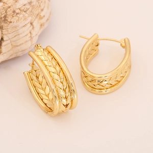 Gold braided texture heart earrings in U-shape design with stainless steel finish