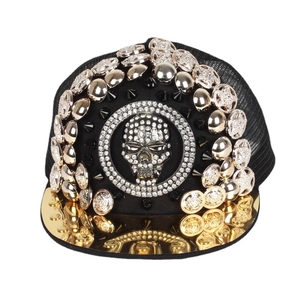 Punk style baseball cap with silver studs, rhinestones skull and gold mirror flat brim