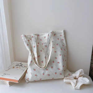 Floral Print Cotton Canvas Tote Bag Large Capacity Casual Shoulder Handbag For Women Students Fresh Literary Style