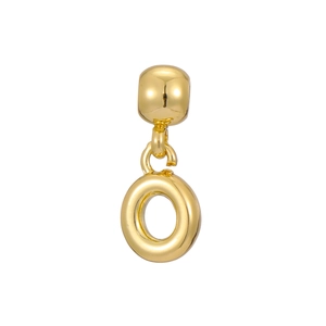 Macro shot of 18k gold plated bubble letter O charm with high-polish mirror finish