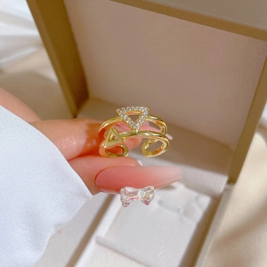 Adjustable gold plated double layer triangle ring with sparkling zircon pavé for women