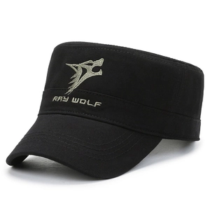 Outdoor black cotton cadet cap with wolf embroidery and short brim in a 45-degree view