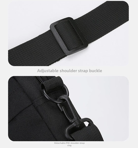 Detail of adjustable shoulder strap with detachable PVC hook on black oxford crossbody bag