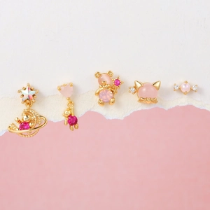 Pink bear jewelry set with 18k gold plating and zircon, featuring planets and heart charms