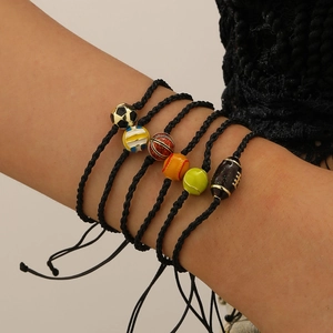 Adjustable woven sports bracelet set featuring six distinct colorful ball charms for fans