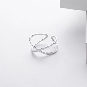 Detailed close-up of double-layer minimalist S925 silver cross line adjustable open ring