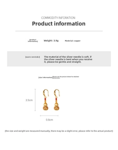 Detailed view of gold-plated gourd earrings with weight label and silver needle info