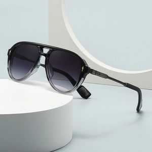 Mens vintage double bridge aviator sunglasses with square gradient frames and gray lenses