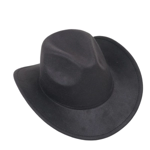 Detailed top view of black wool felt cowboy hat featuring a classic indented crown