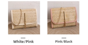 Detailed view of woven straw chain bags with tassel charms and beige fringe detail