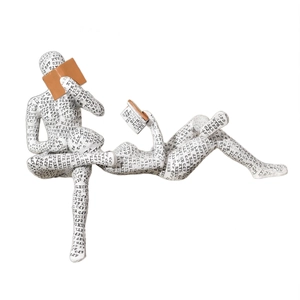 Artistic reading woman resin figures with black letter print on white background