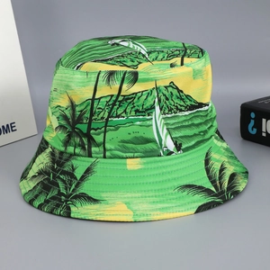 Double-sided sun bucket hat with tropical palm tree island print for summer vacation