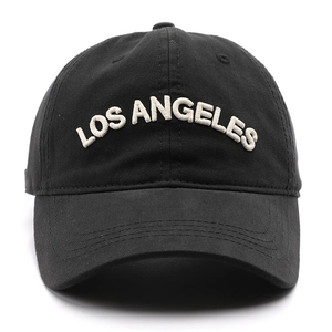 Black cotton baseball cap with white Los Angeles 3D embroidery and curved brim style