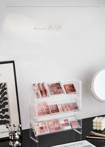 Three-tier clear acrylic makeup organizer showing a tiered slanted design for cosmetics