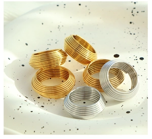Detailed close-up of multi-layer spiral textured rings in gold and silver plating